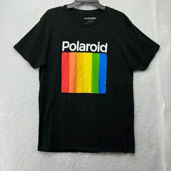 Polaroid T-Shirt Men's Sz L Black Rainbow Square Crew Neck Short Sleeve Pullover - Picture 1 of 11